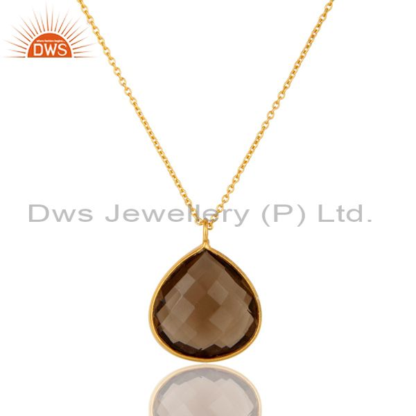 Smoky quartz drop 18k yellow gold plated 925 sterling silver chain pendant