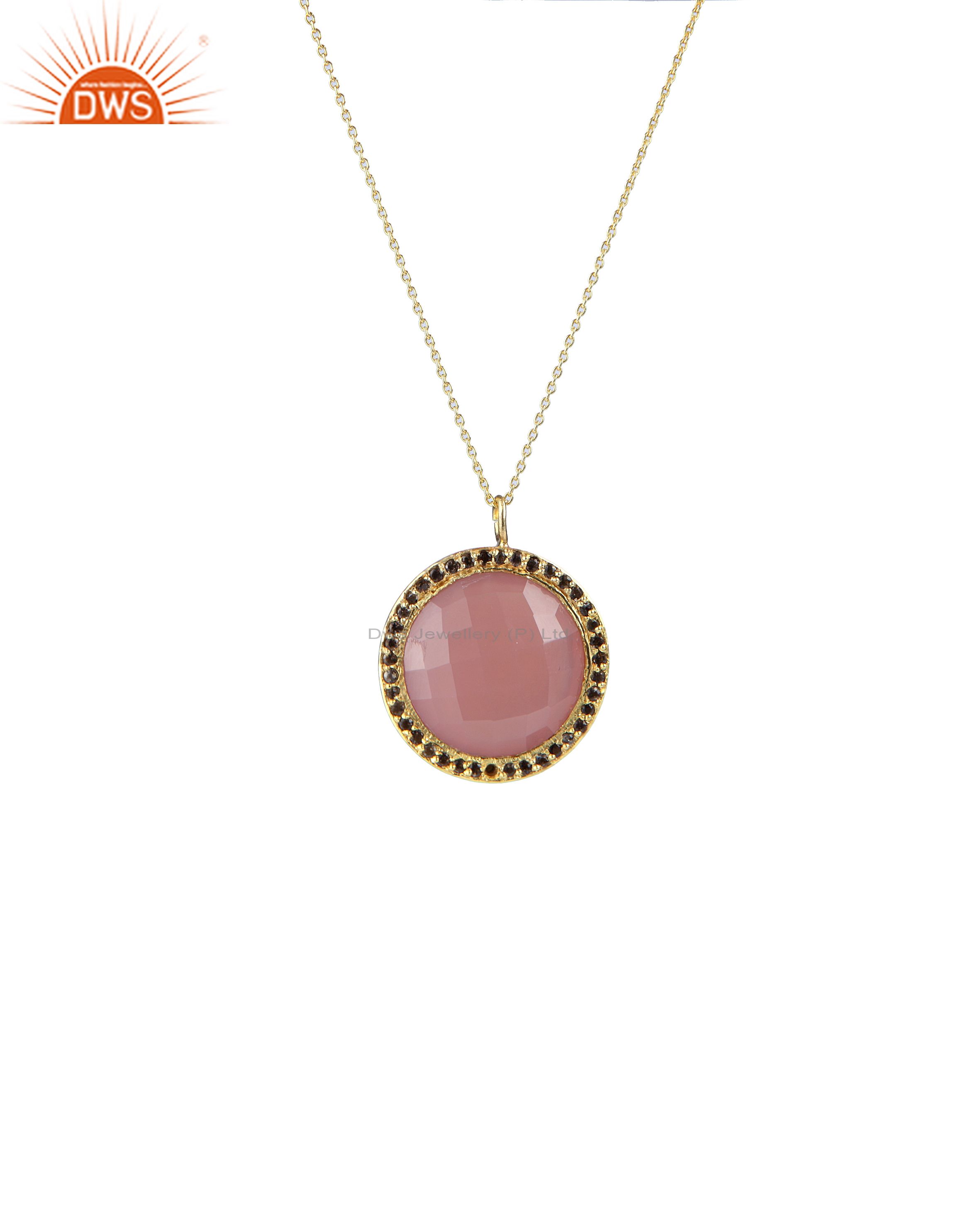 18k gold plated silver rose chalcedony and smoky quartz halo pendant with chain