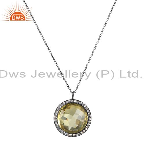 Oxidized sterling silver lemon topaz and white topaz halo pendant with chain