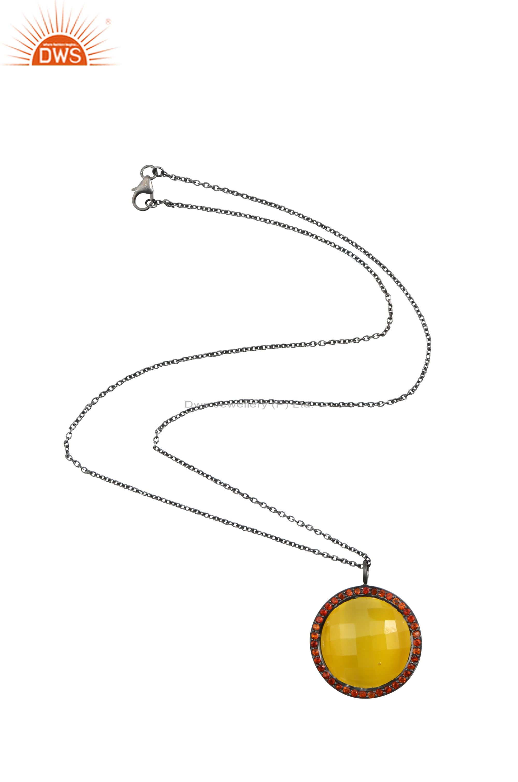 Oxidized 925 sterling silver yellow moonstone and citrine halo pendant necklace