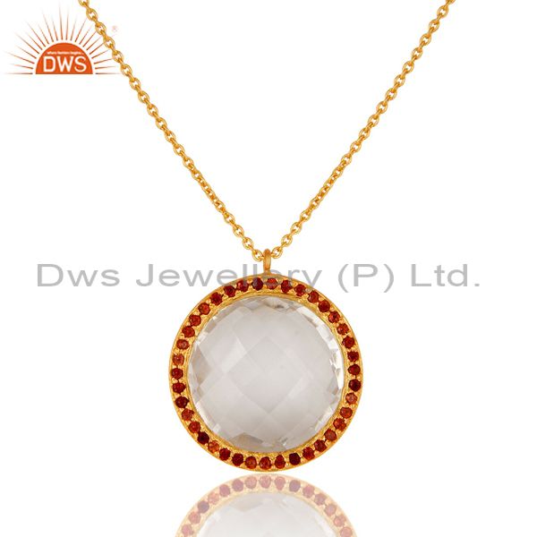 22k yellow gold plated sterling silver crystal quartz & garnet pendant necklace