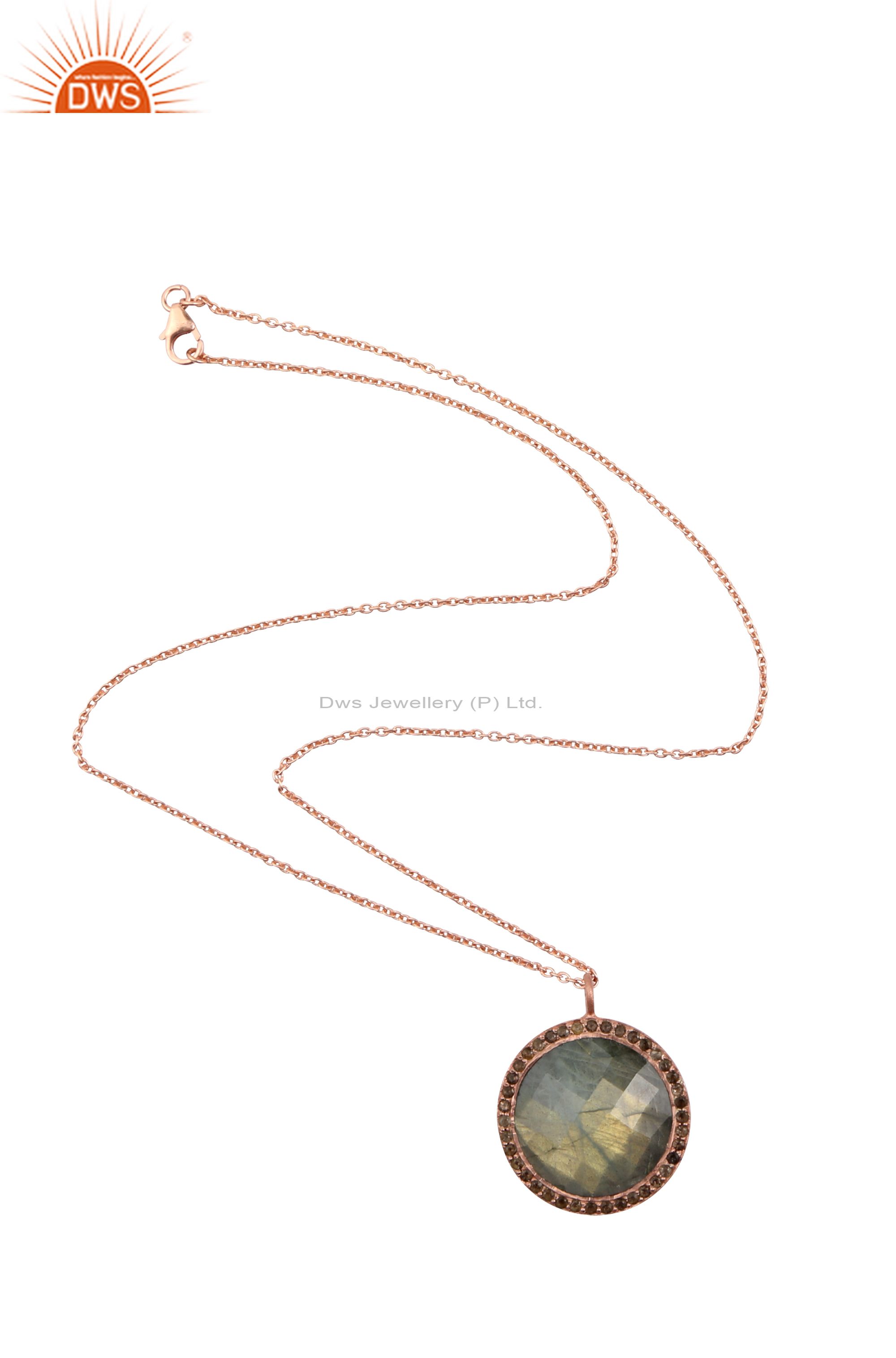 18k rose gold plated silver labradorite and smoky quartz halo pendant with chain