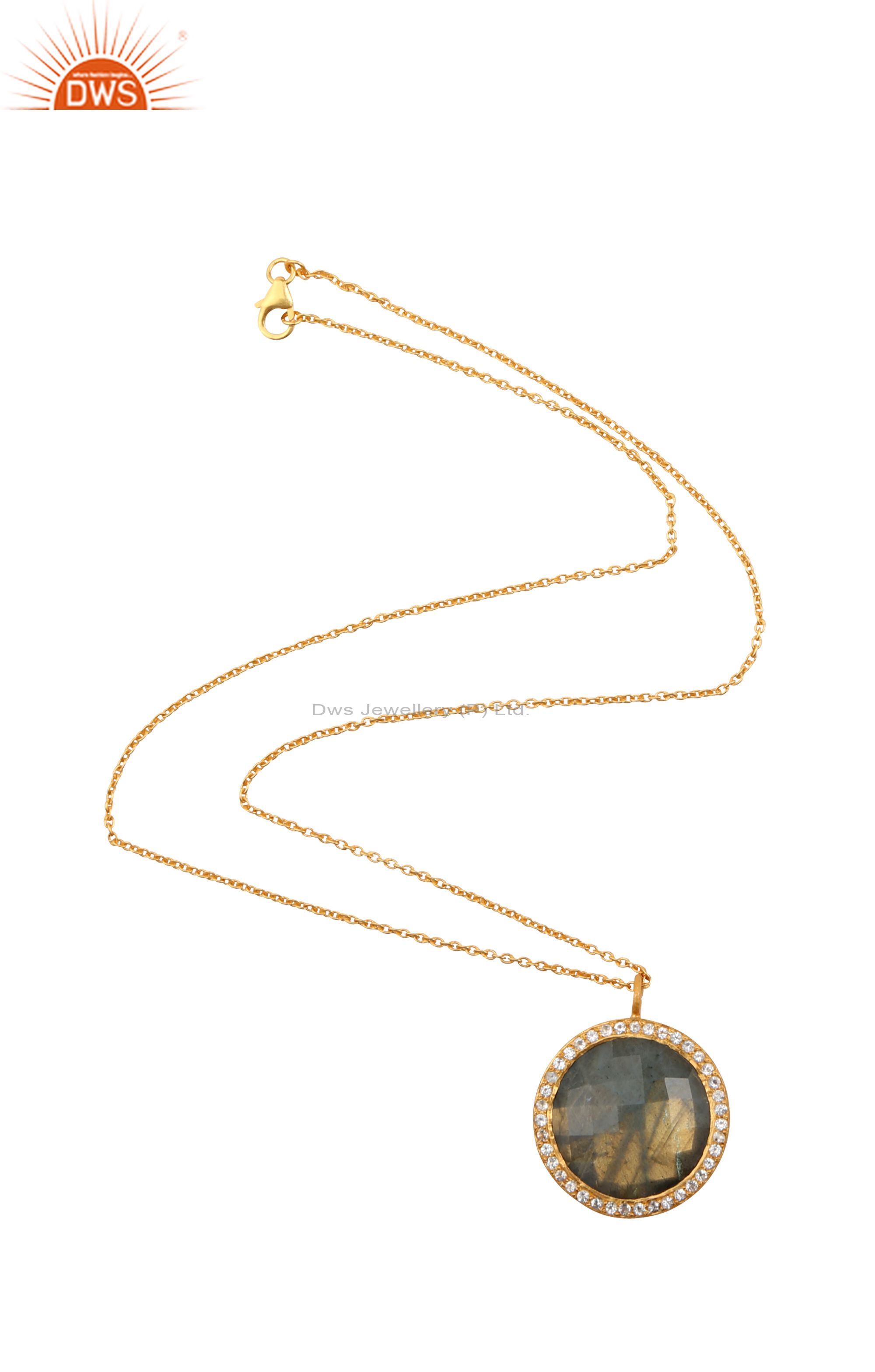 18k yellow gold plated silver labradorite and white topaz pendant with chain