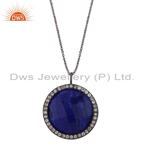 Oxidized sterling silver lapis lazuli and white topaz halo pendant with chain