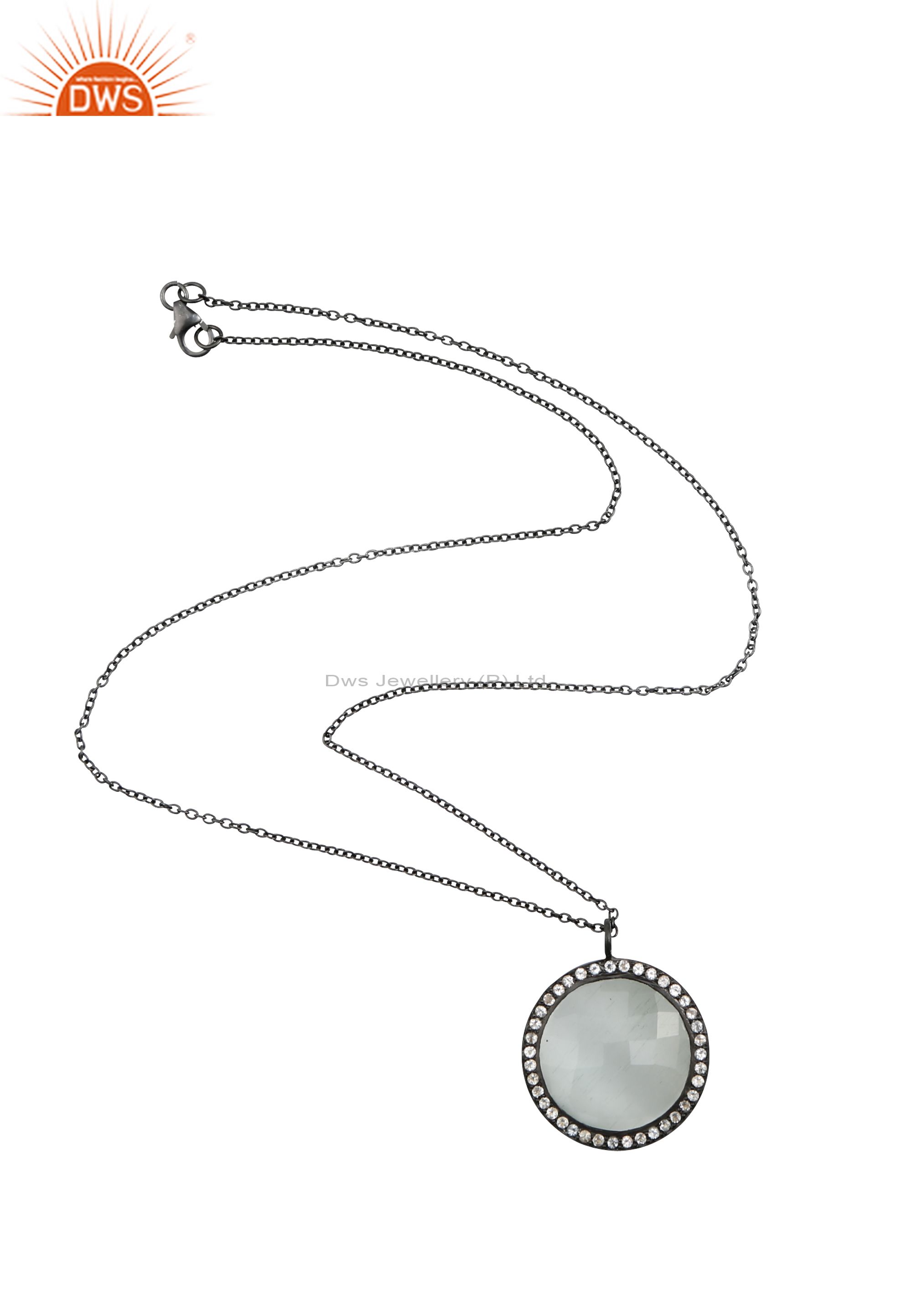 Oxidized sterling silver white moonstone and white topaz pendant with chain