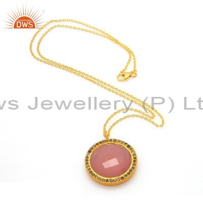 14k yellow gold plated silver rose chalcedony and white topaz pendant with chain
