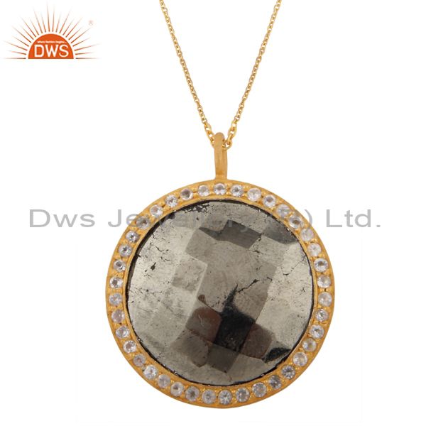18k yellow gold plated silver pyrite and white topaz halo pendant with chain