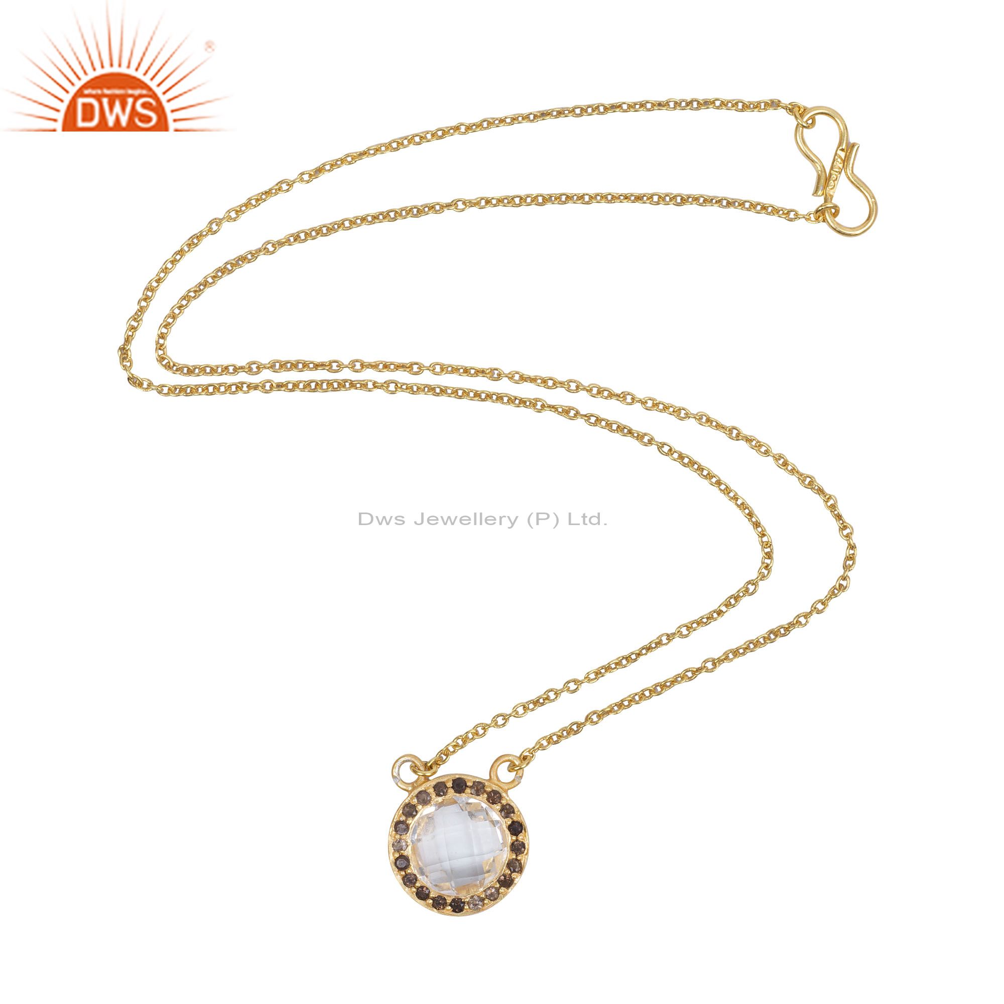 18k gold over silver crystal quartz and smoky quartz halo pendant chain necklace