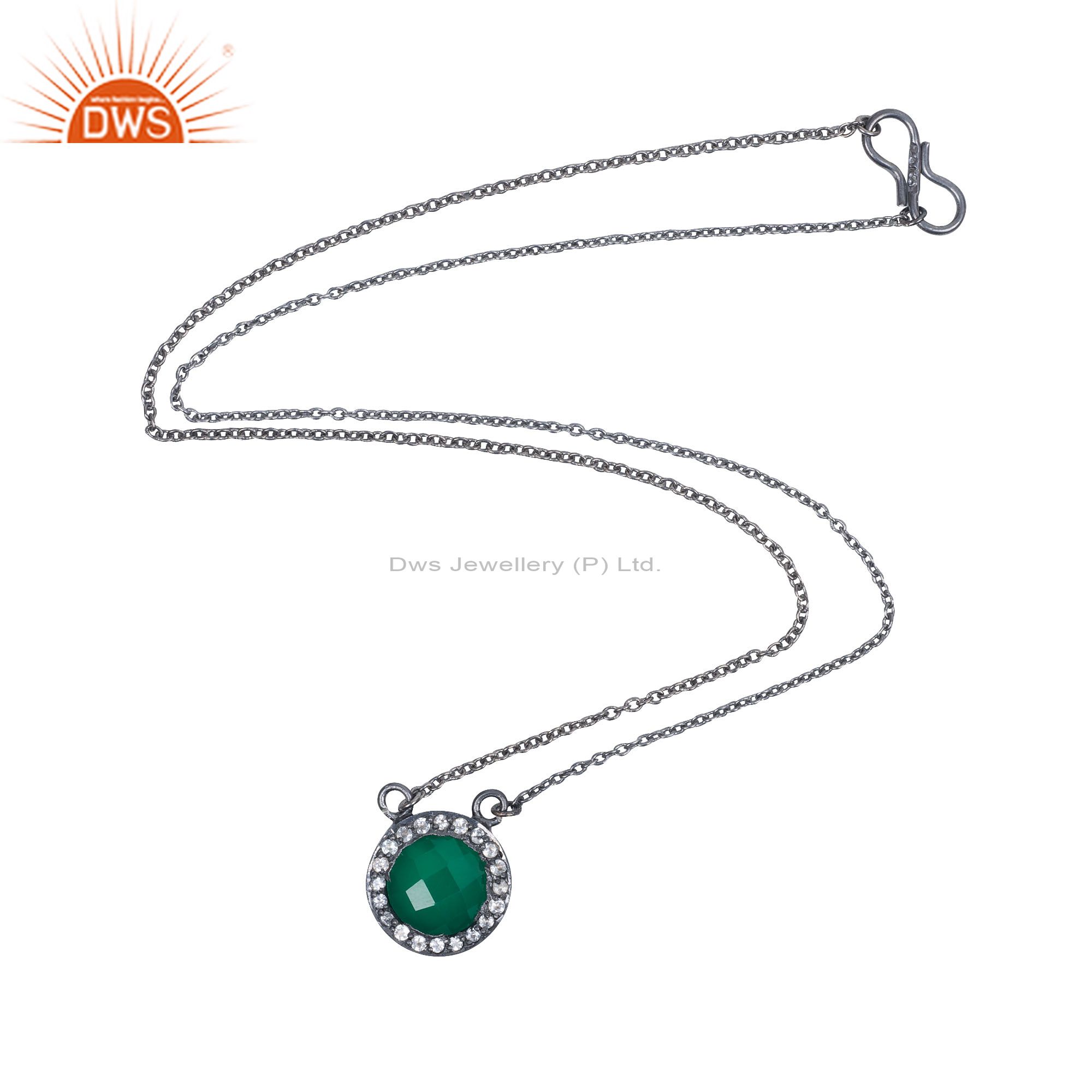 Oxidized sterling silver green onyx and white topaz halo pendant chain necklace