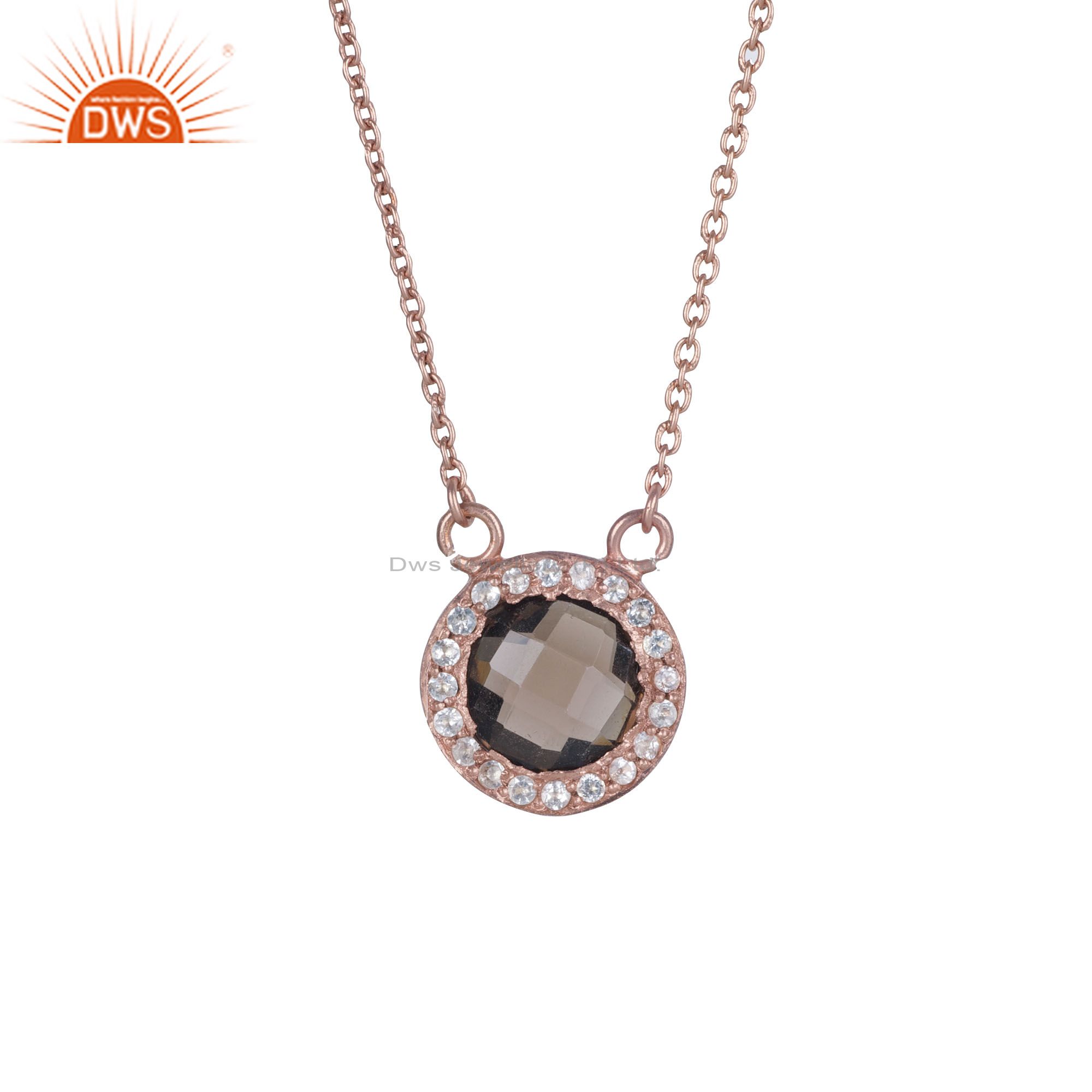 18k rose gold plated silver smoky quartz and white topaz pendant chain necklace