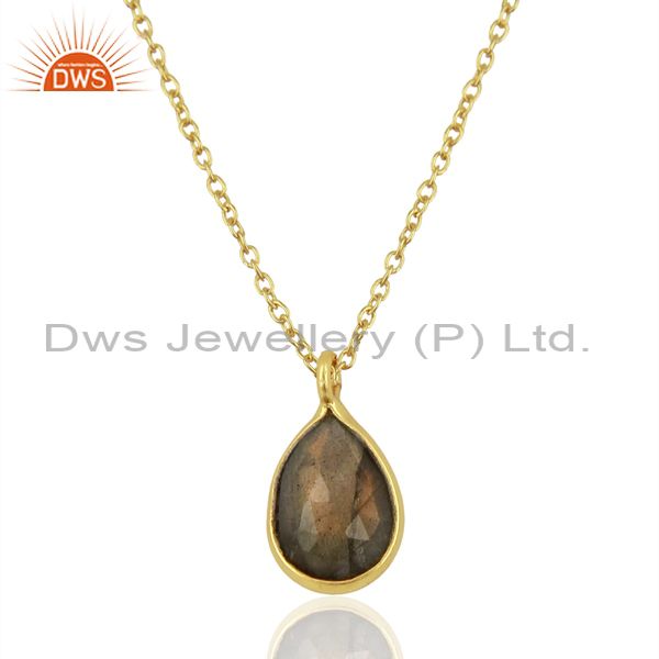 18k gold plated sterling silver labradorite bezel set drop pendant with chain