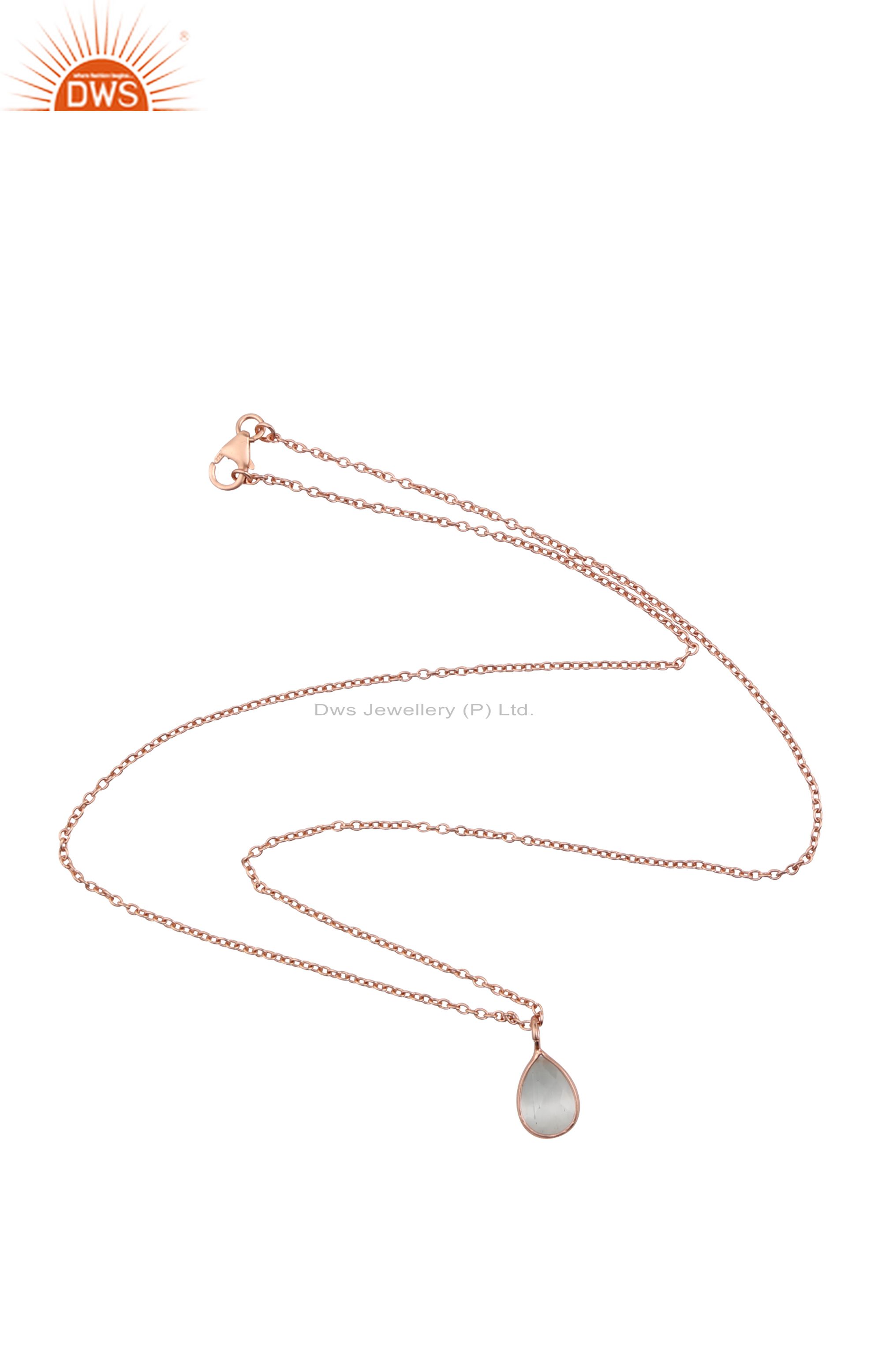 18k rose gold plated silver white moonstone bezel set drop pendant with chain