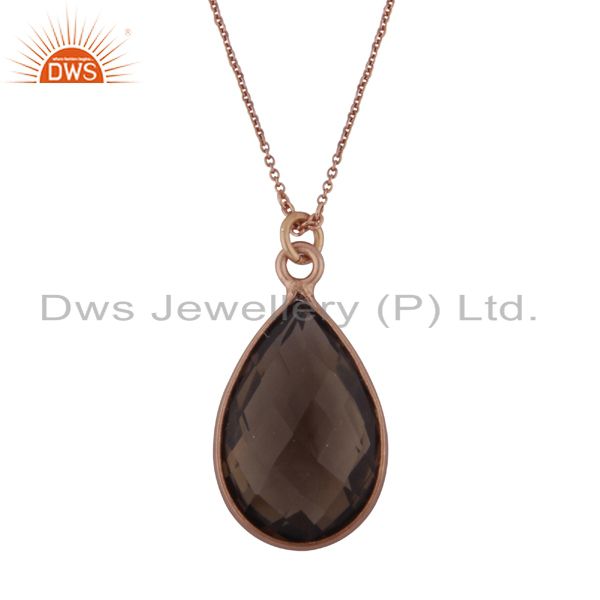 14k rose gold plated sterling silver smoky quartz bezel drop pendant with chain
