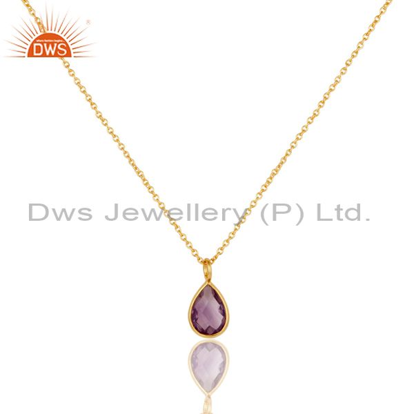 18k yellow gold plated sterling silver amethyst bezel drop pendant with chain