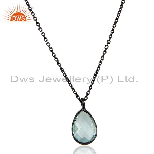 Black oxidized 925 sterling silver blue topaz bezel set drops chain pendant