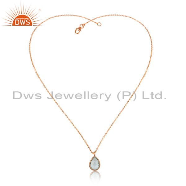Tear Drop Blue Topaz Pendant With Rose Plated Silver Chain