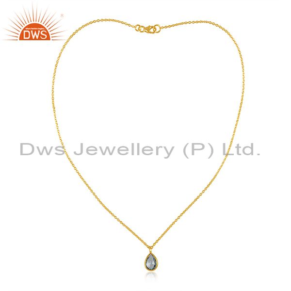 18k yellow gold plated 925 sterling silver blue topaz bezel set chain pendant