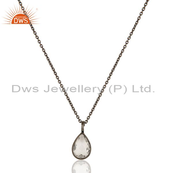 Natural crystal quartz rhodium plated sterling silver drop pendant with chain