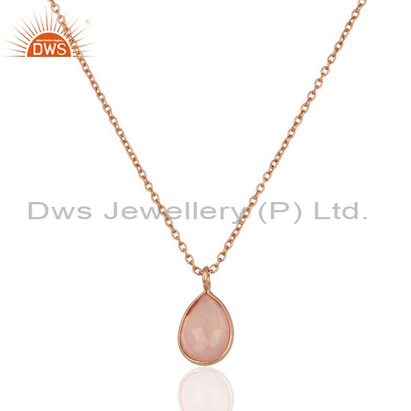 Dyed rose chalcedony sterling silver pendant with 17" chain - rose gold plated