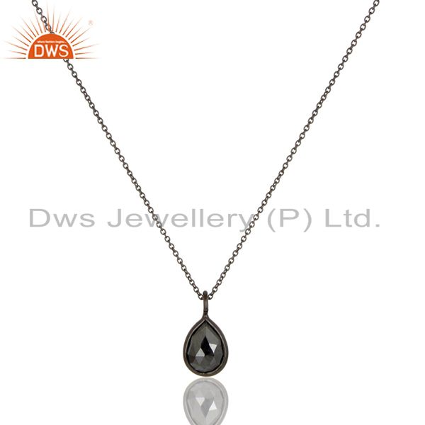Oxidized solid sterling silver golden pyrite bezel set drop pendant with chain