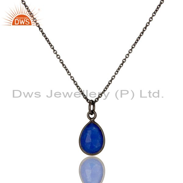 Oxidized sterling silver faceted blue aventurine bezel set drop pendant necklace
