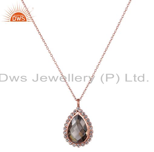 18k rose gold plated silver smoky quartz and white topaz pendant with chain