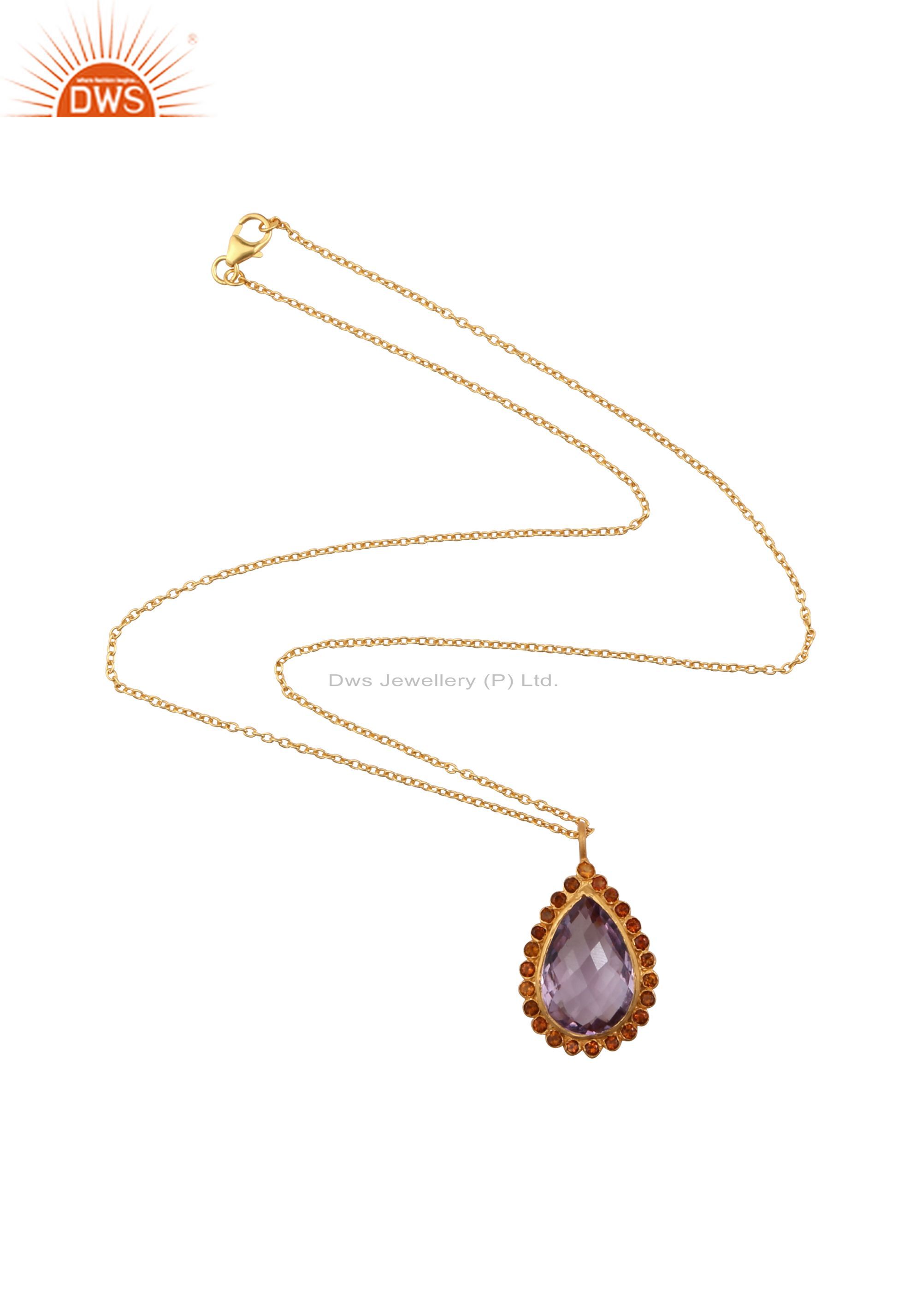 18k yellow gold plated sterling silver amethyst and citrine drop pendant chain