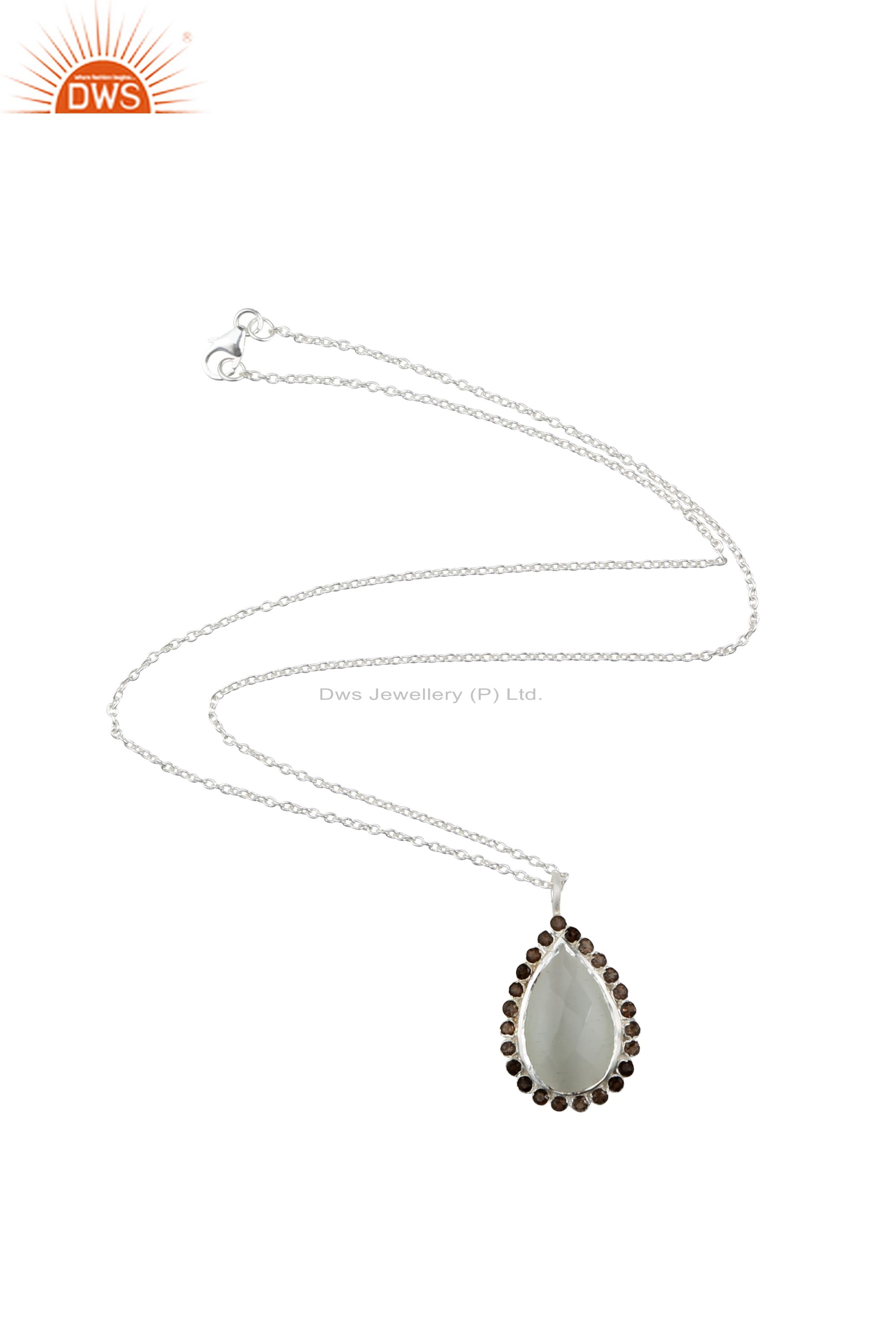 925 sterling silver smoky quartz and white moonstone drop pendant with chain