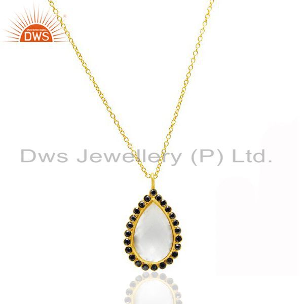 22k gold plated sterling silver crystal quartz and black cz pendant with chain