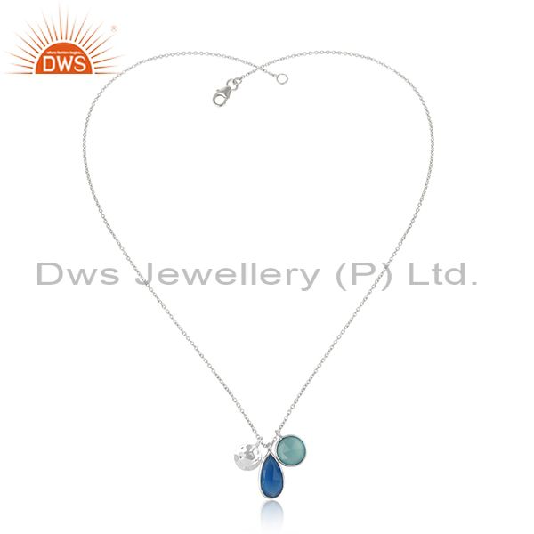 Handcrafted multi charm silver necklace with blue, aqua chalcedony