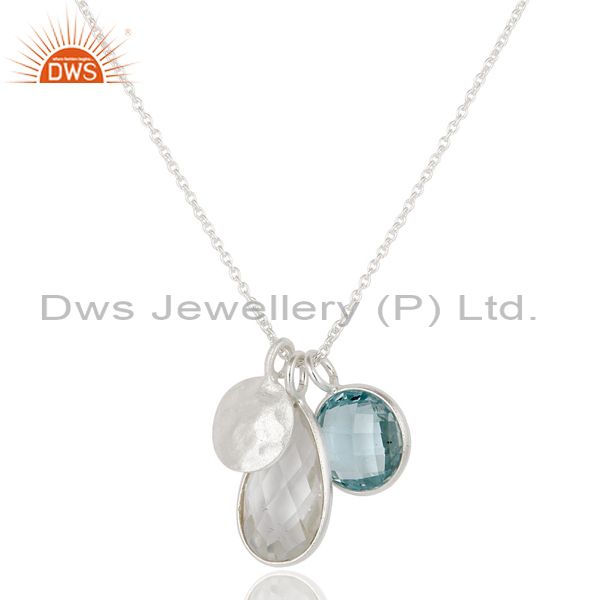 Handcrafted multi charm silver necklace with blue topaz and crystal