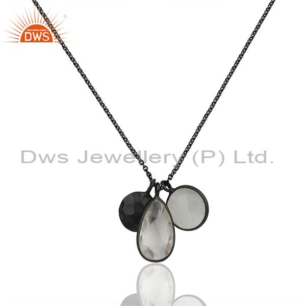 Oxidized sterling silver crystal quartz and moonstone pendant charms necklace