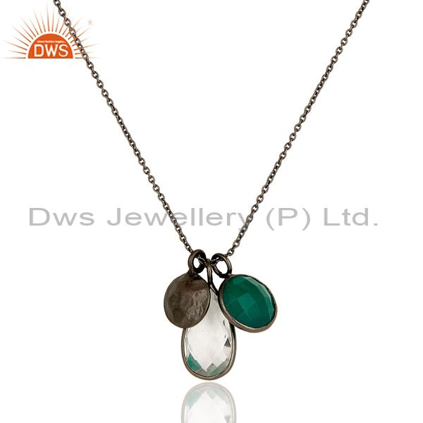 Green onyx and crystal quartz bezel set pendant in black rhodium plated silver