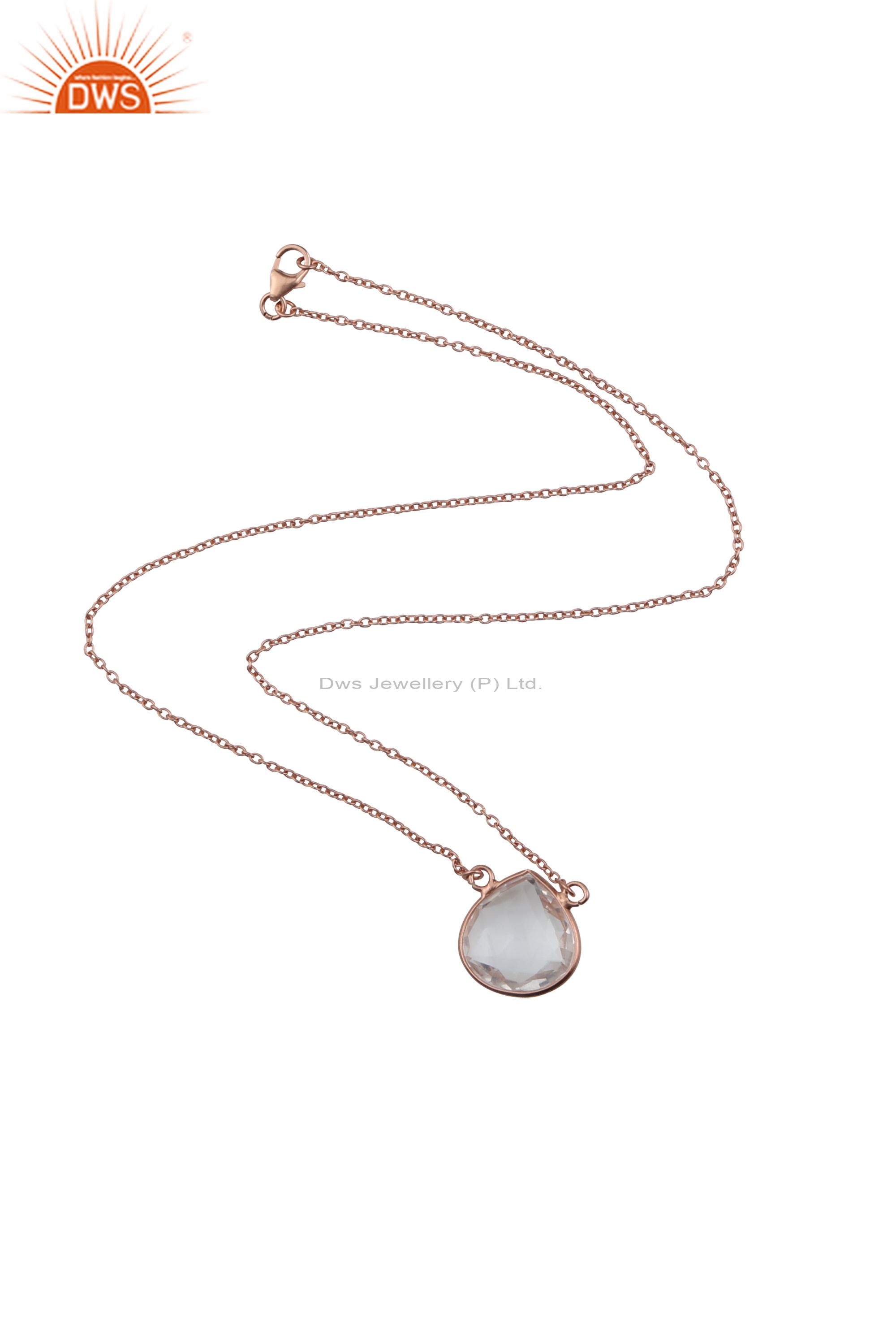 18k rose gold plated sterling silver crystal quartz bezel set chain necklace