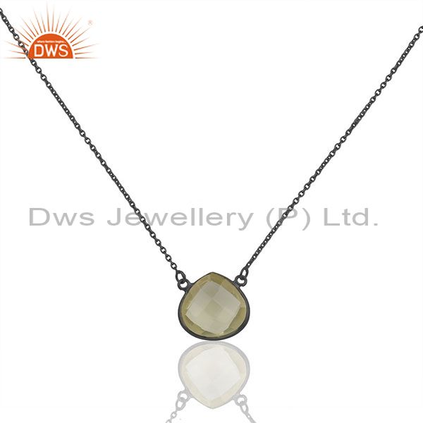 Oxidized sterling silver lemon topaz bezel set pendant 16" chain necklace