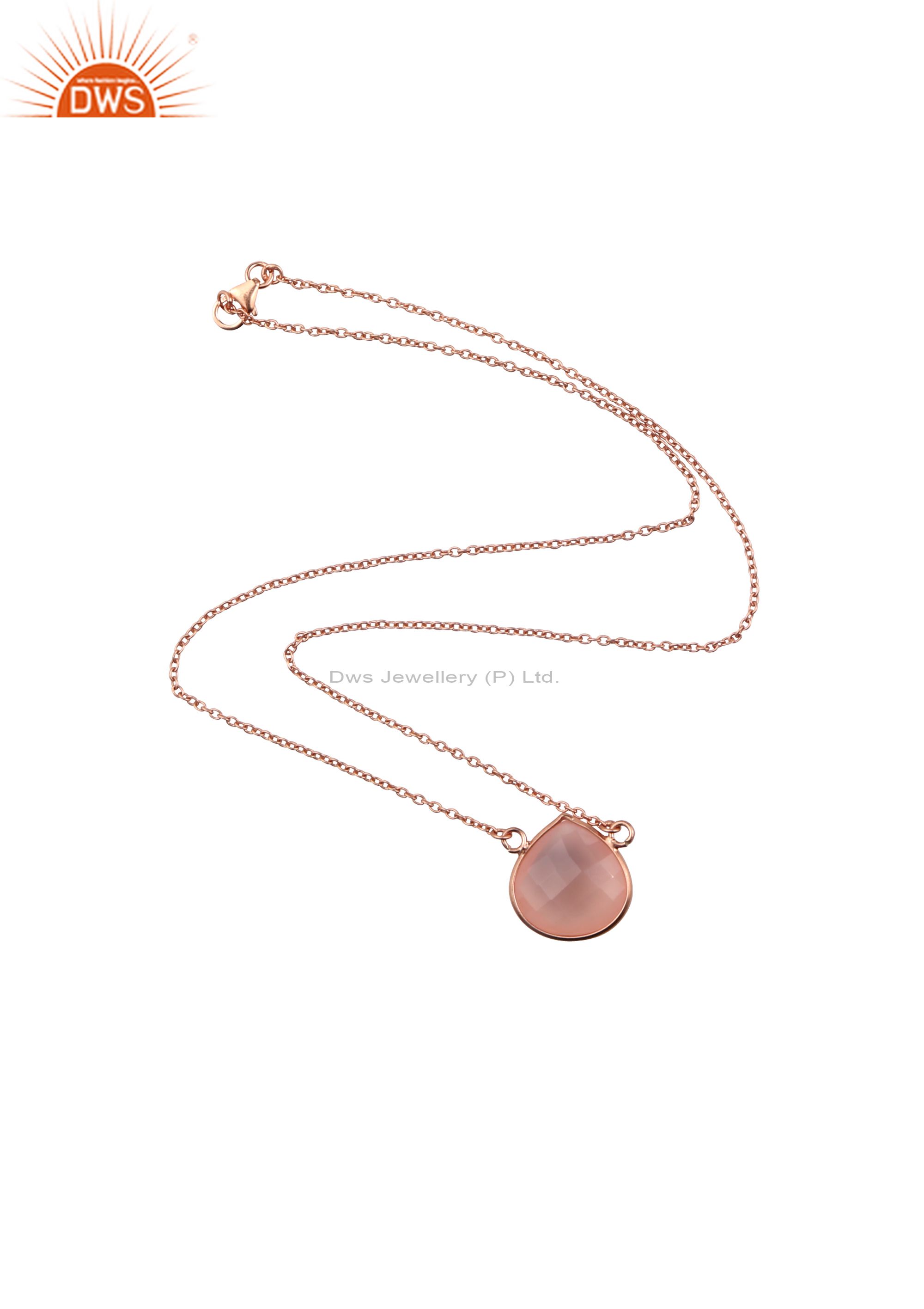18k rose gold plated sterling silver rose chalcedony drop pendant with chain