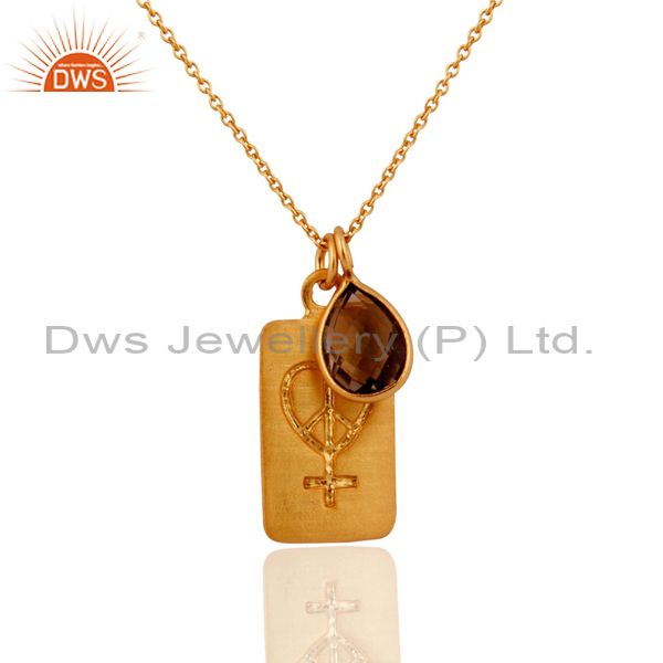 18k yellow gold plated sterling silver smoky quartz pendant bezel with chain