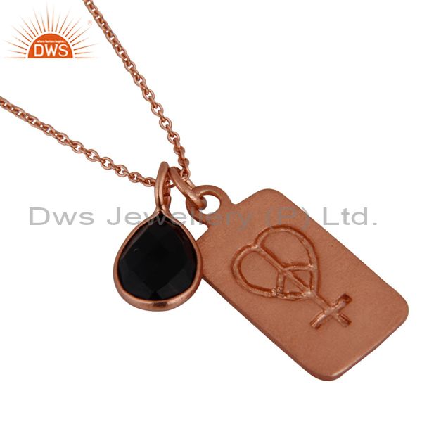 18k rose gold plated sterling silver black onyx bezel set pendant with chain