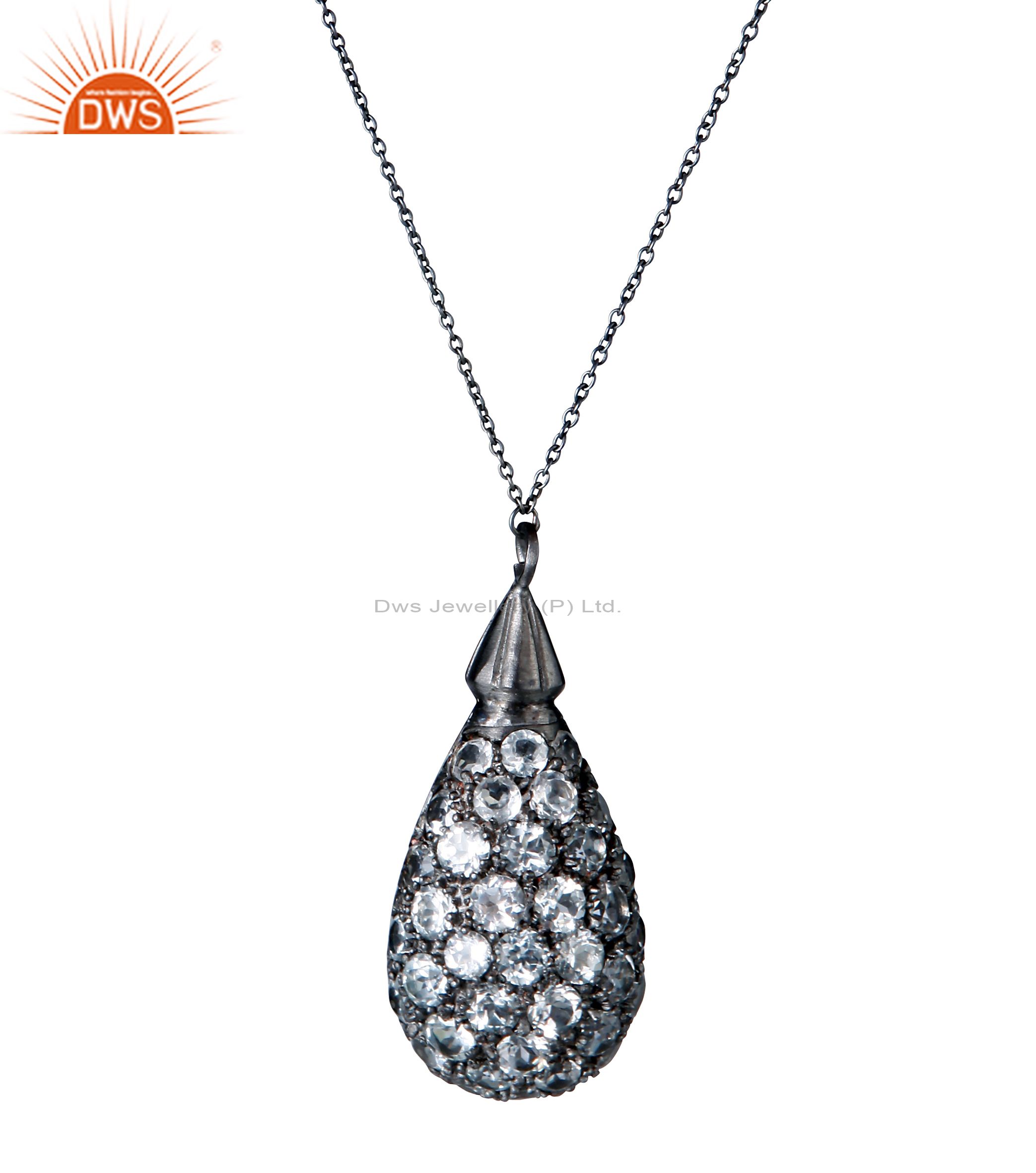 Black rhodium plated sterling silver white topaz drop pendant with chain
