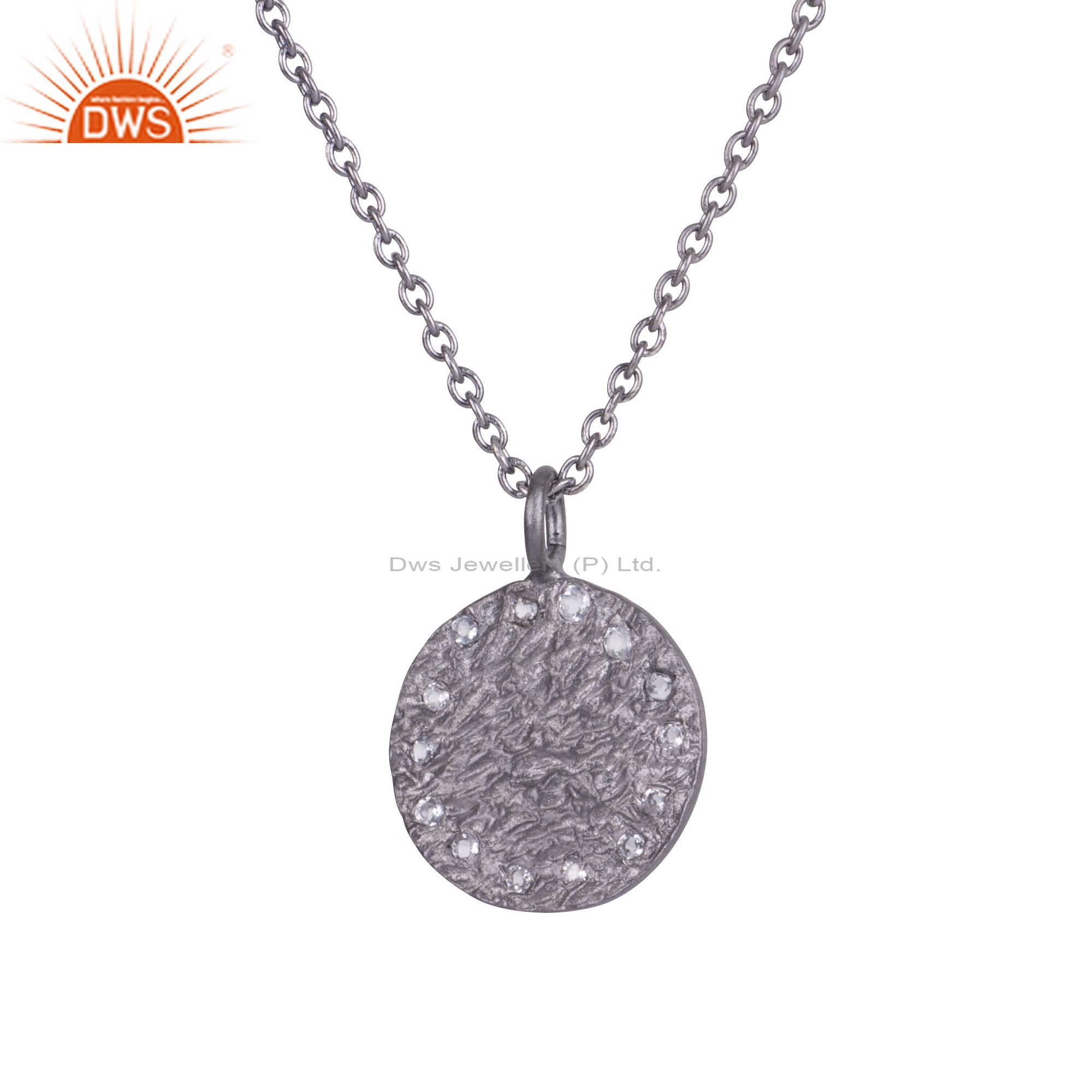 White topaz sterling silver oxidized hammered disc pendant with chain necklace