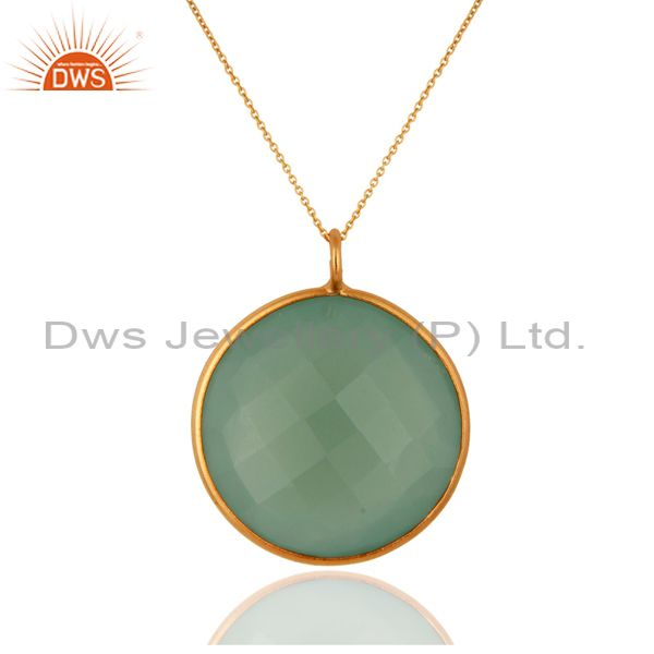 18k gold over silver faceted green chalcedony gemstone bezel pendant with chain