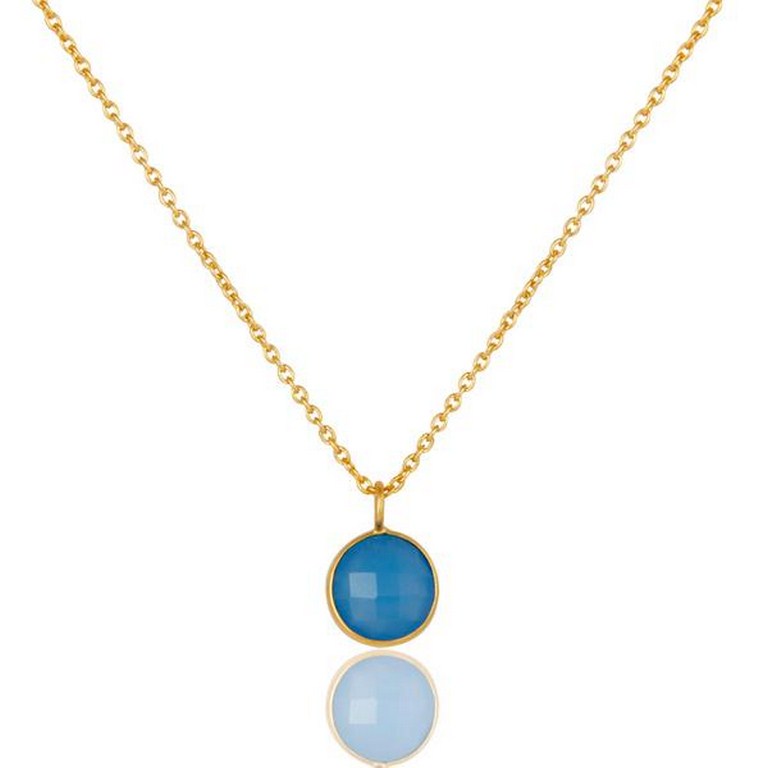 Faceted blue chalcedony gemstone bezel set 18k gold plated pendant with chain