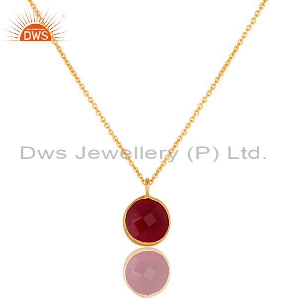 18k yellow gold plated faceted pink chalcedony bezel set pendant necklace