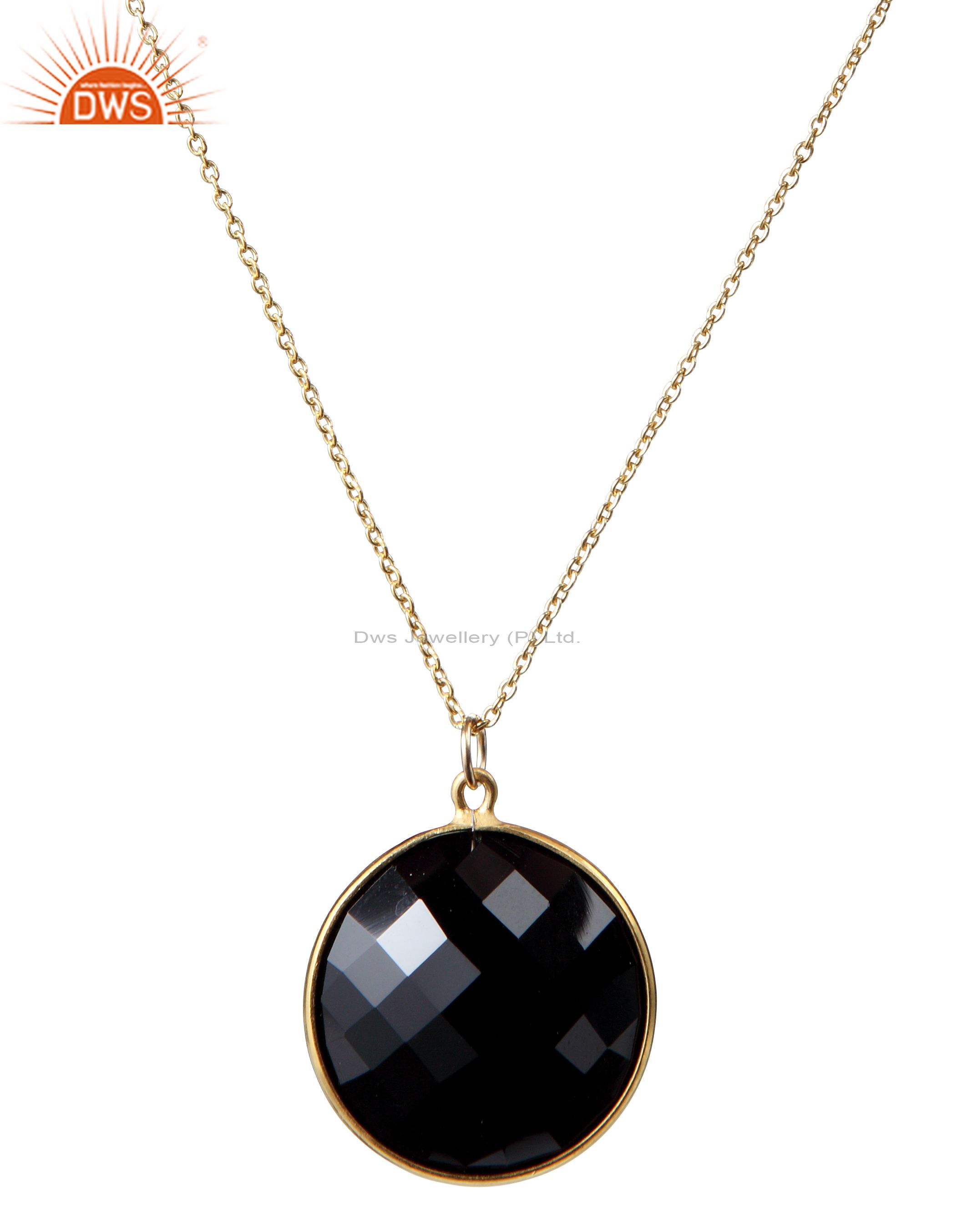 22k yellow gold plated sterling silver black onyx bezel set pendant with chain