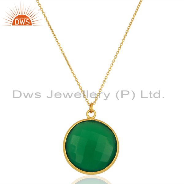 18k yellow gold plated sterling silver green onyx bezel set pendant with chain