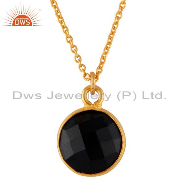 18k gold plated black onyx bezel set brass pendant with 16" in chain