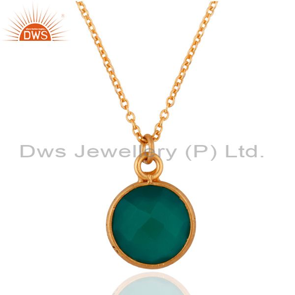 Faceted green onyx gemstone bezel set 18k gold plated brass chain pendant