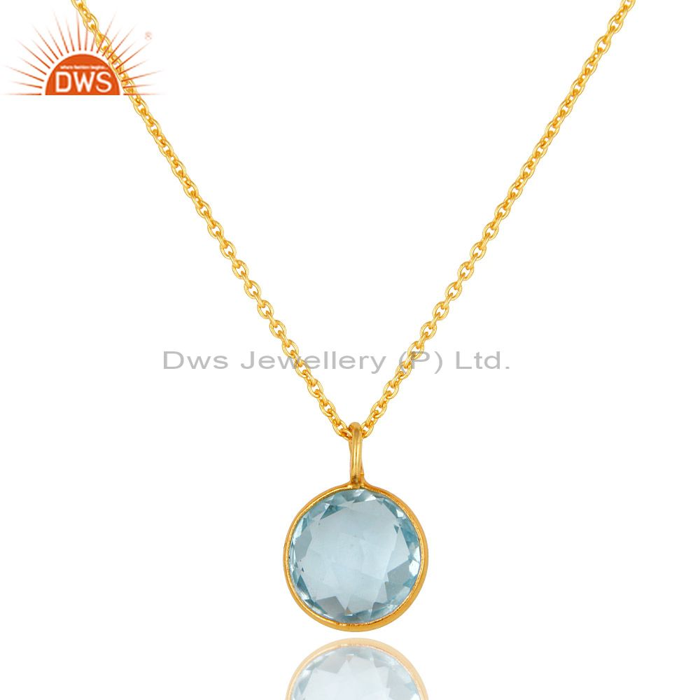 14k yellow gold plated sterling silver blue topaz bezel set pendant with chain