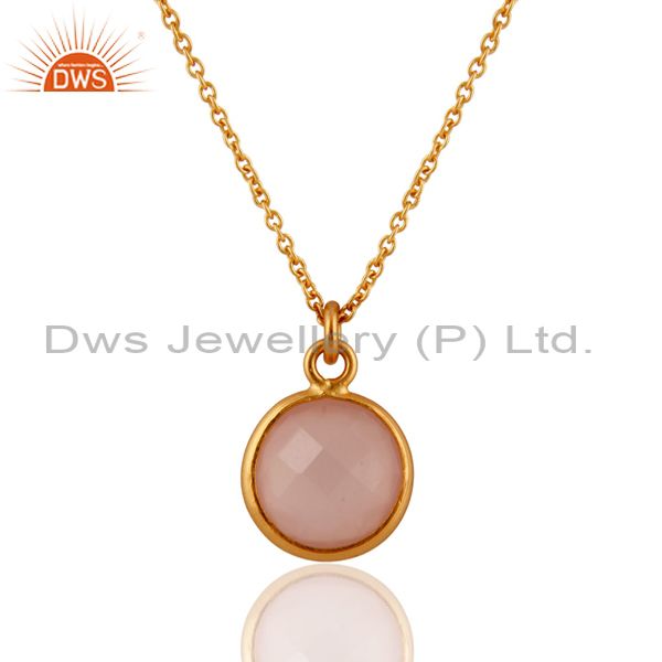 18k gold plated sterling silver rose chalcedony bezel set pendant with chain