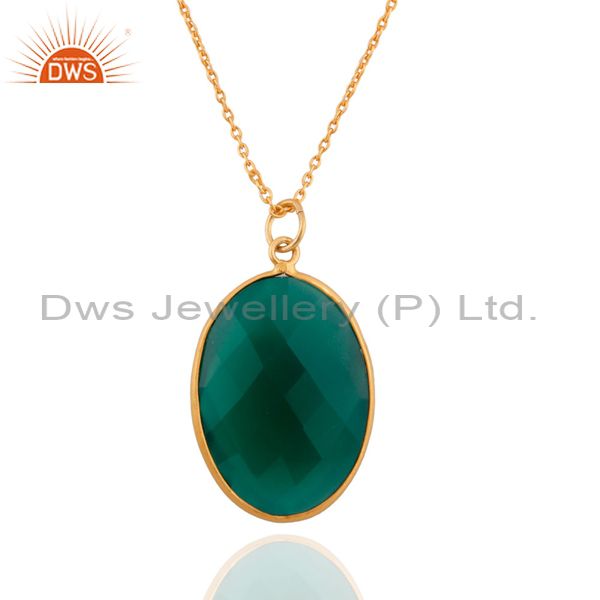 24k yellow gold plated sterling silver green onyx bezel set pendant with chain